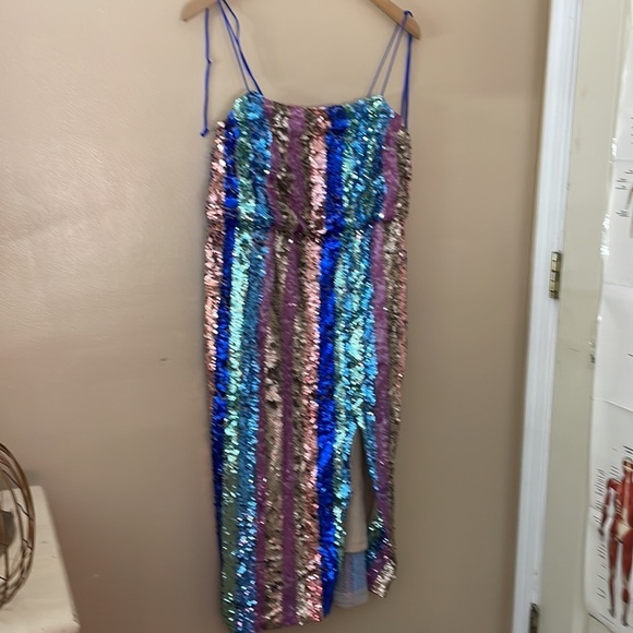 Aidan Mattox Striped Sequin Midi Cocktail Dress - Picture 3 of 4